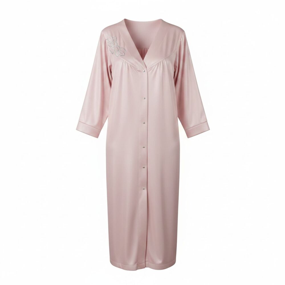 Shadowline Pink Snap Front Midi Robe Women's XL Floral Applique